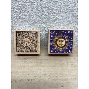 Set Of 2 Mixed Brands Wood Mounted Rubber Stamps Sun Moon Stars